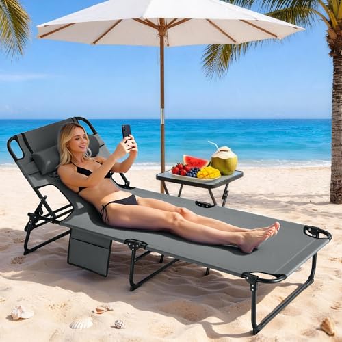 Grey 3-in-1 Outdoor Folding Sun Tanning Lounge Chair with Adjustable Backrest & Face Openings - Pool & Beach