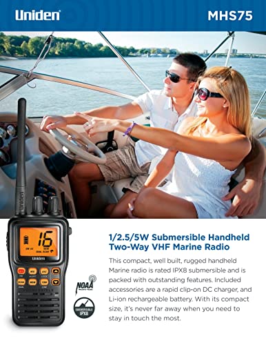 Uniden Waterproof Handheld Marine Radio, VHF 2-Way with NOAA Weather, Submersible & 3 Watt Transmit
