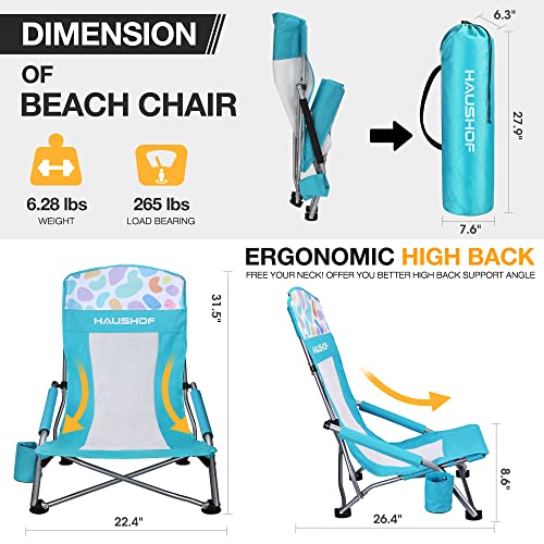 High Back Blue Beach Chairs with Dots - 2 Pack, Portable Folding Camping Chairs