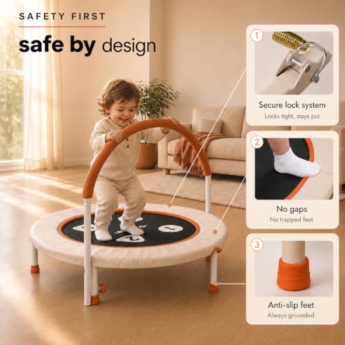 Happin 36-Inch Foldable Toddler Trampoline with Handlebar - Beige & Orange