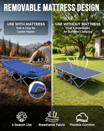 XXL Folding Camping Cot with Mattress - 32in Heavy Duty Portable Bed for Adults, Blue