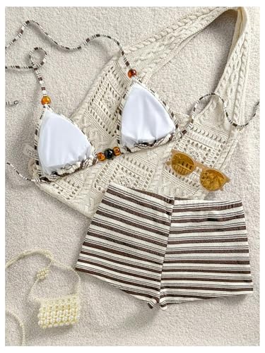 Women's Striped Halter Bikini Set Beaded Triangle Swimsuit Small Coffee Brown