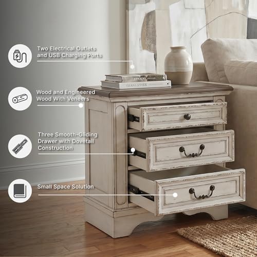 Chipped White 3-Drawer Nightstand with Charging Station - Cottage Chic