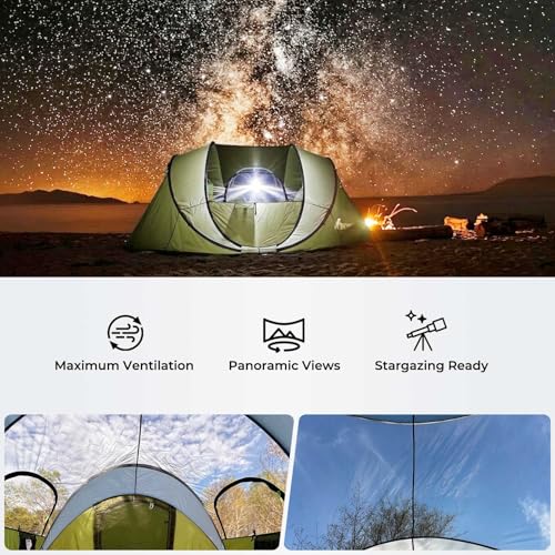 Green 6 Person Pop Up Camping Tent with Skylight & Rainfly - Waterproof, Fast Setup