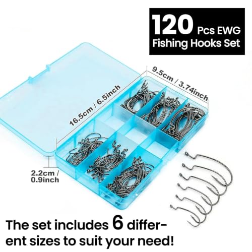 FishTrip 120pcs EWG Worm Hooks Set Black - Bass Fishing Tackle