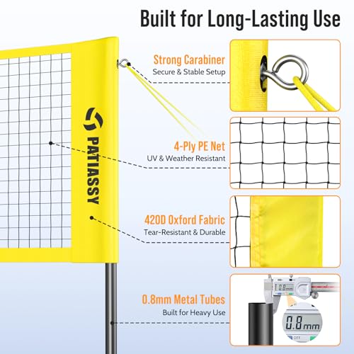 Yellow 4-Player Volleyball Game Set with 16FT & 32FT Court, Adjustable Height Backyard Badminton Combo