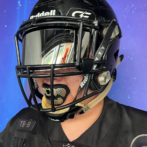 LeCool Football Mouth Guard Black Gold Rhombic Chrome Design with Strap