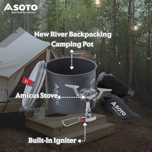 SOTO Amicus Camping Stove w/ Igniter & New River Pot - Windproof, Shock-Resistant, Portable