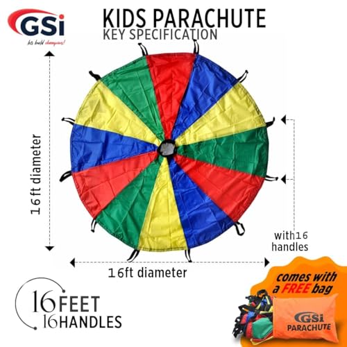 Kids Rainbow Parachute 16 Feet for School & Gym Class - Bright Multicolor Play Equipment