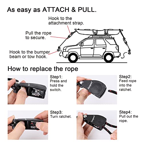 Kayak Tie Down Straps 14ft Ratchet Rope with Hooks Black 2 Pack - Bow & Stern