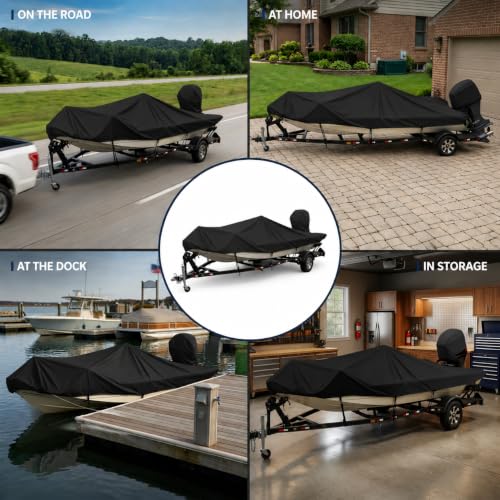 Fuprosico Waterproof Boat Cover 16-18.5ft V-Hull Trailerable Heavy Duty 1200D Black