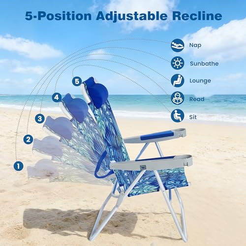 Sunnyfeel Tall Folding Beach Chair for Adults - Green, High Back & Adjustable Recline