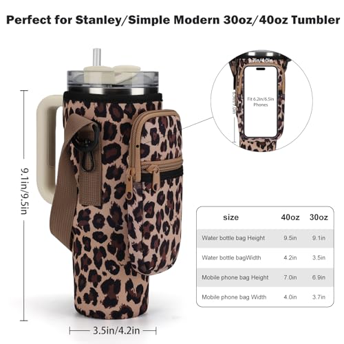 Water Bottle Carrier Bag for Stanley 40oz with Phone Pockets - Leopard