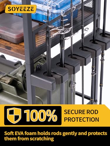 Fishing Rod Holders for Garage - Holds Up to 12 Rods with Pegboard Hooks - Black, 3-Sided with 6 Hooks