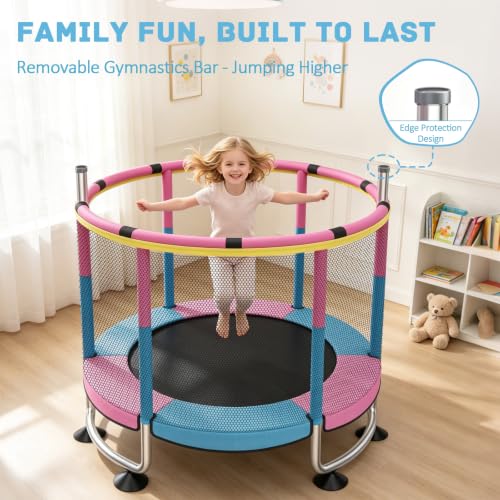 Kids 60-Inch Trampoline with Safety Net - Blue Pink, Indoor Outdoor Toddler Playset