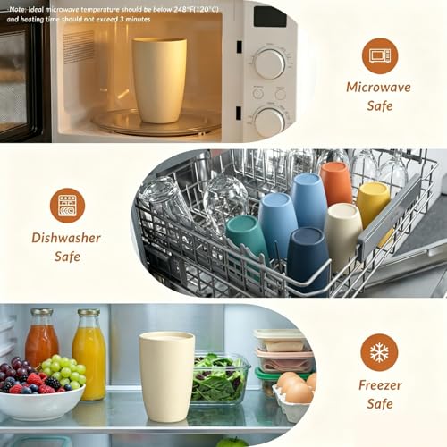 Unbreakable Wheat Straw Drinking Glasses Set - 12oz Colorful Matte Multi, Stackable, Microwave & Dishwasher Safe - 6 pcs
