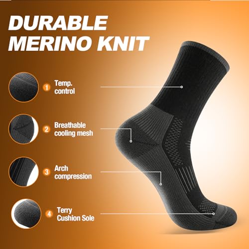 Winter Merino Wool Hiking Socks - Heavyweight Breathable Cushioned Socks, Large, Black