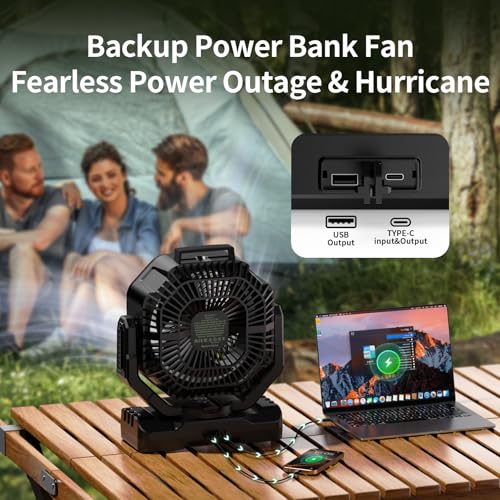 10 Inch Rechargeable Camping Fan with Remote, 40000mAh Battery, Oscillating & Light - Black