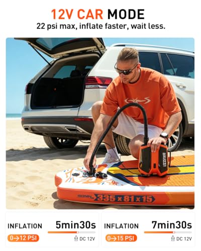 BAVIZZN Rechargeable Electric SUP Pump for Inflatable Paddle Boards - Black/Orange