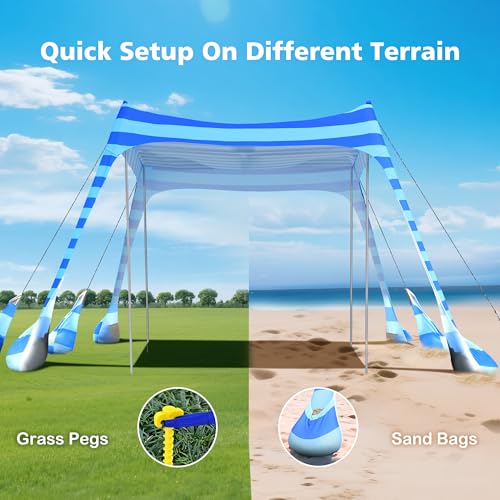 Blue Striped 10x10 FT Beach Tent Sun Shelter with UPF 50+ UV Protection