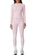QINSEN Workout Set for Women Slim Fit Long Sleeve Athletic Tops High Waist Yoga Leggings Gym Sets Pink M