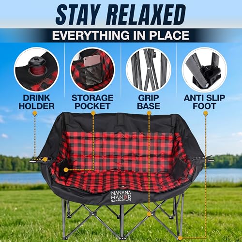 MANANA MANOR Double Folding Camping Chair for 2 Adults – Supports 650 lbs, Extra Padded, Portable Patio & Beach Couch