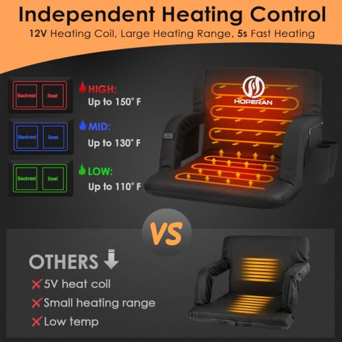 Black 21-Inch Heated Stadium Seat for Bleachers with Power Bank & Dual Control