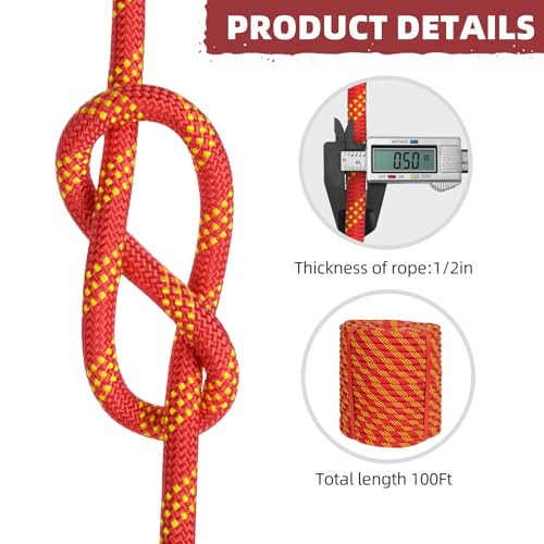 1/2 Inch Static Climbing Rope - 200 Ft, 9000lbs High Strength Arborist Bull Rope, Red Variation