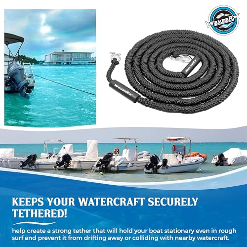 WAVESRX AnchorMate Bungee Dock Line 14-50 ft Black for Boats, Kayaks & PWC