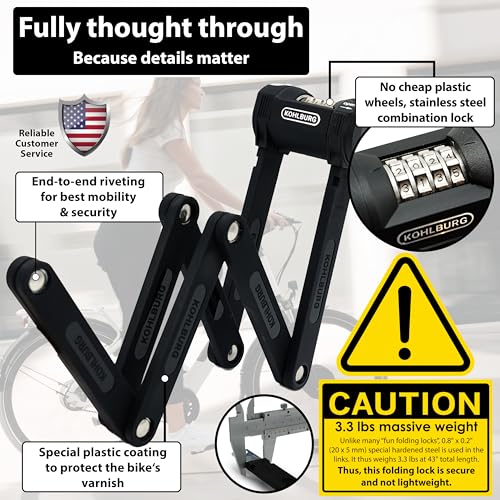 KOHLBURG 43-Inch Heavy-Duty Folding Bike Lock with Combination Security