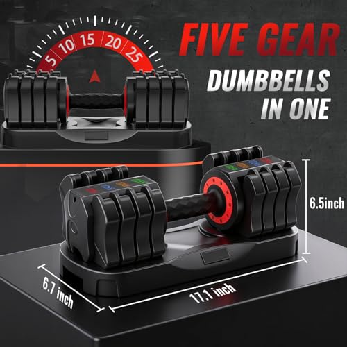Black 25Lb Adjustable Dumbbell - 5-in-1 Fast Weight Change for Full Body Workout