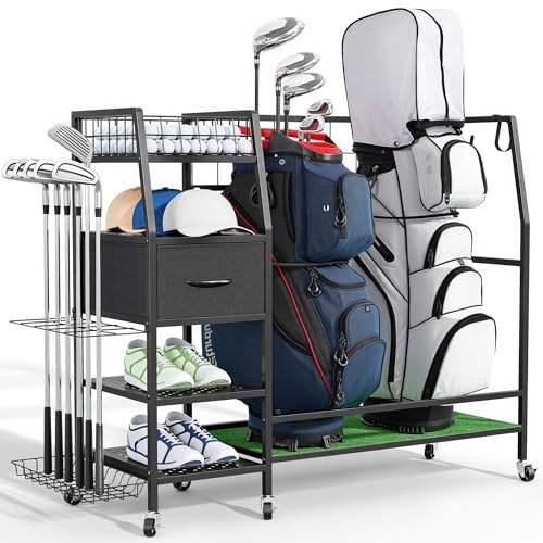 Sturdum 43.3in Golf Bag Organizer Rack with Wheels & Turf Mat