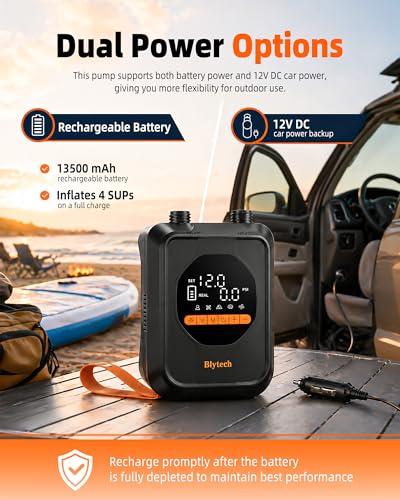 Blytech Black Portable Electric Paddle Board Pump 20 PSI with 13,500mAh Battery