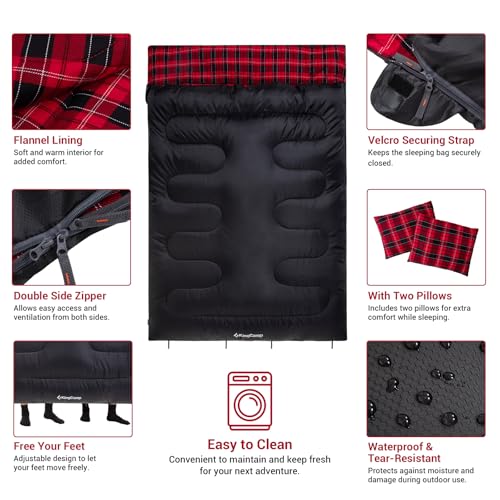 KingCamp Black Double Sleeping Bag for Adults, Queen Size 2 Person, Detachable for Couples or Solo Camping