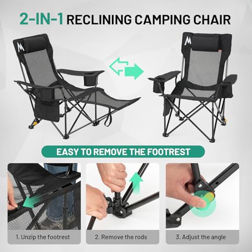 Overmont 2 Pack Reclining Camping Chairs with Footrest – Lightweight & Portable, Black