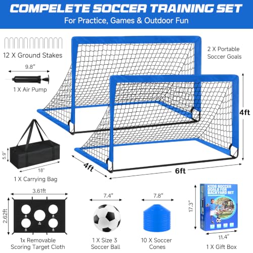 Blue Soccer Goals 6x4 FT Portable Kids Soccer Goal Set with Accessories - 2 Pack