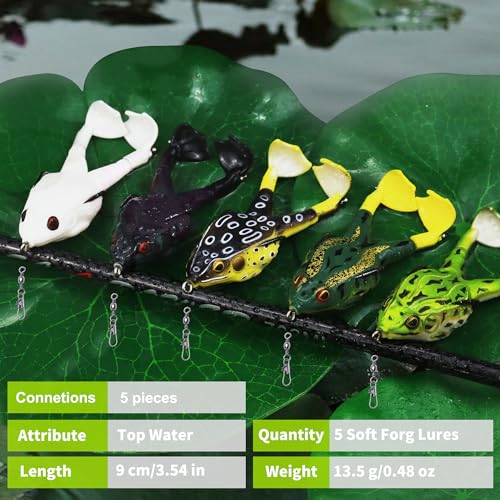 Soft Frog Fishing Lures Kit - Double Propeller Legs, 5 pcs, 3.5in, Silicone Skin, Freshwater Bass and Pike Baits