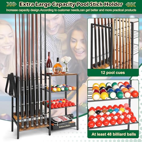 12 Cue Stick Pool Cue Rack Holder Stand with Ball & Accessory Storage - Black Variation
