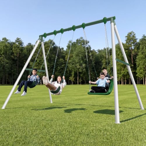 Kids & Adults Metal Swing Set with Skyflyer & 2 Sling Swings - Green/White, 9.5Ft