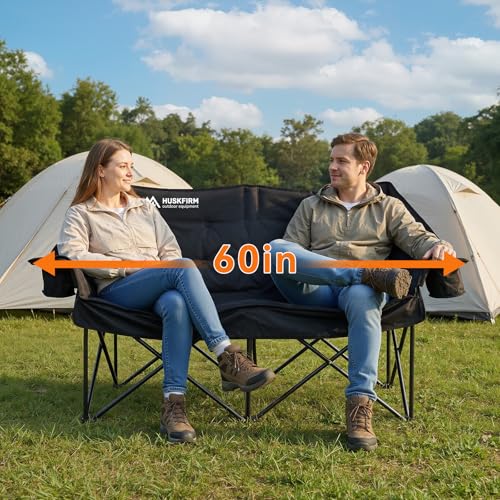 Oversized Double Camping Chair with Cationic Black Fabric Support 800LBS - Huskfirm, Heavy Duty Folding Lounger