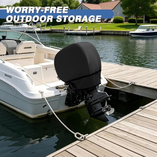 Waterproof Outboard Motor Cover Fits 25-50 HP, Black, 24 x 18 x 28 Inches - Marine Grade Polyester