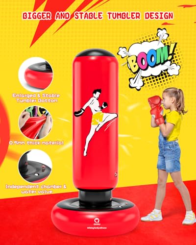 Kids Inflatable Punching Bag with Gloves - 66 Inches, Red