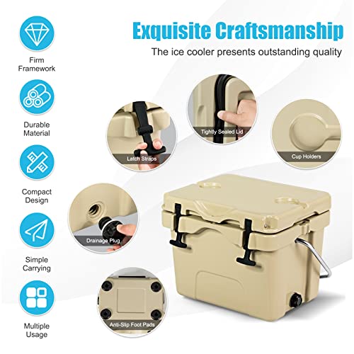 COSTWAY Khaki 16 Quart Insulated Cooler - Portable Ice Chest with Cup Holders