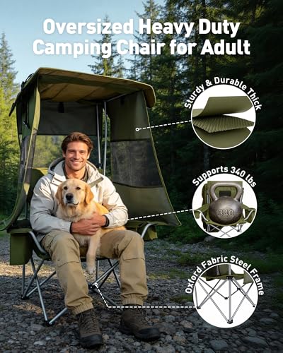 AKSOUL Green Folding Camping Chair with Shade & Cup Holder - Portable Beach & Outdoor Seat, Supports 330 lbs