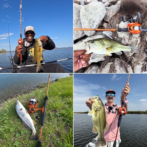 Fishing Rod and Reel Combo - 7'4" Twin-Tip Casting & Baitcasting Set - Orange