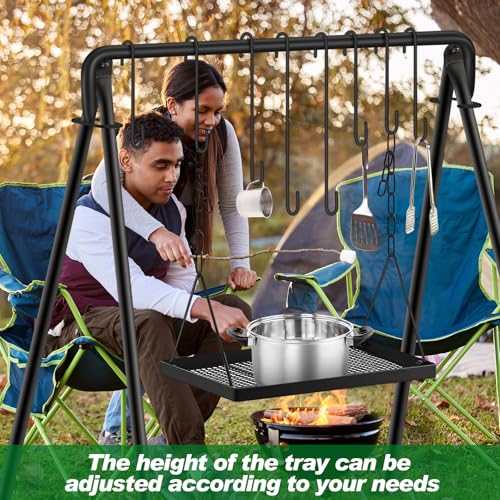 Rossesay Medium Tray Campfire Swing Grill Stand with 8 Hooks & Adjustable Cooking Surface