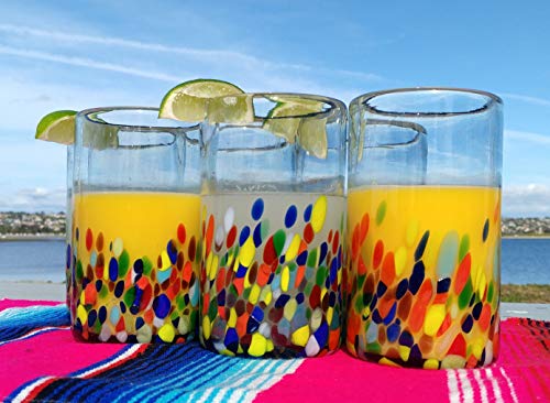 Set of 6 Hand Blown Drinking Glasses with Confetti Carmen Design - 14 oz
