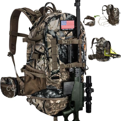 YVLEEN Forest Shadow Green Camo Hunting Backpack with Rifle & Bow Carry, Detachable Waist Pack