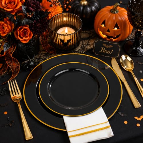 Black and Gold Disposable Dinnerware Set for 50 Guests - Plates Cups Napkins Utensils