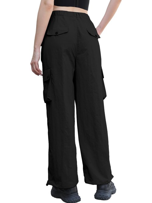 Cromoncent Women's High Waist Parachute Pants Y2K Cargo Trousers with Pockets for Womens, Black, M
